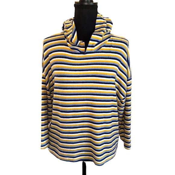 Poof New York Striped Yellow Blue Soft Knit Hoodie L Nautical Casual Travel Top - Picture 2 of 13
